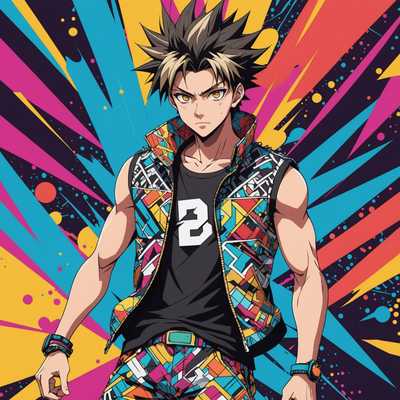 Anime-Charakter mit buntem Outfit und ernstem Ausdruck