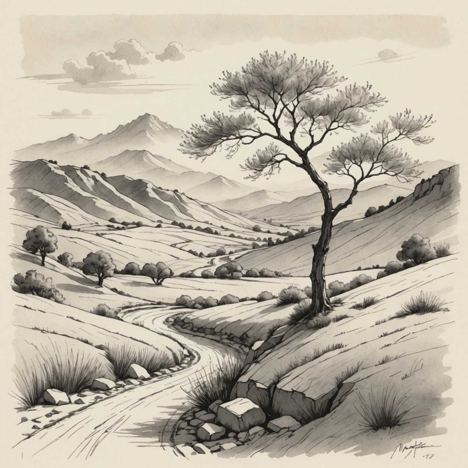 Eine einfache Skizze zeigt eine Umrisszeichnung einer friedlichen Landschaft. Im Zentrum steht ein einsamer Baum mit zarten Zweigen und spärlichem Laub, dessen Wurzeln dezent angedeutet sind. Um den Baum herum rollen sanfte Hügel und schaffen ein Gefühl von Tiefe. Ein windender Pfad oder Bach schlängelt sich sanft durch die Szene und führt das Auge vom Vordergrund zu einem fernen Horizont, an dem sich schwach minimalistische Berge erheben. Die gesamte Komposition ist mit feinen, leichten Bleistiftstrichen dargestellt, was eine ruhige und friedliche Atmosphäre betont.