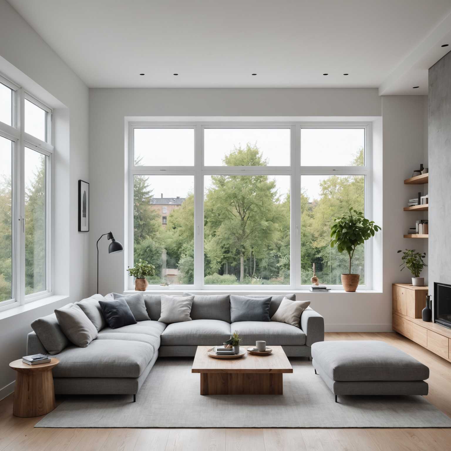 Ein modernes Zimmer mit einem sauberen, minimalistischen Design und einem flachen Sofa, das von natürlichem Licht großer, ungehinderter Fenster durchflutet wird. Der Raum hat eine gedämpfte Farbpalette aus Weiß, Grau und Holztönen. Der Raum wirkt offen und aufgeräumt und verkörpert ein Gefühl von Ruhe und Einfachheit.