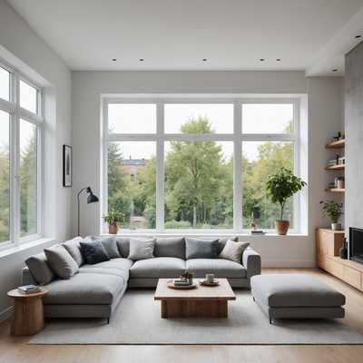 Ein modernes Zimmer mit einem sauberen, minimalistischen Design und einem flachen Sofa, das von natürlichem Licht großer, ungehinderter Fenster durchflutet wird. Der Raum hat eine gedämpfte Farbpalette aus Weiß, Grau und Holztönen. Der Raum wirkt offen und aufgeräumt und verkörpert ein Gefühl von Ruhe und Einfachheit.