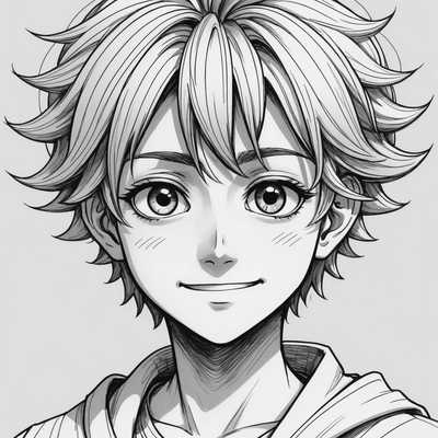 Die Zeichnung zeigt eine detaillierte Skizze eines Manga-Charakters im typischen Anime-Stil, mit großen, ausdrucksstarken Augen und einem distinktiven Gesichtsausdruck, der Glück zeigt. Das einzigartige Haar des Charakters ist lang und fließend. Die Figur ist in einer entspannten Pose dargestellt, mit detaillierten Linien und Schattierungen. Der Hintergrund ist schlicht, was den Charakter hervorhebt.