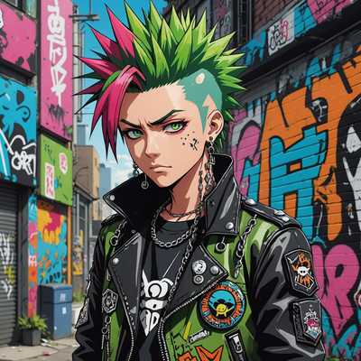 Ein junger Anime-Charakter mit einem punkigen Ästhetik, der leuchtend gefärbtes, stacheliges Haar hat, möglicherweise grün oder blau. Der Charakter trägt auffällige Kleidung, darunter eine Lederjacke, die mit verschiedenen Aufnähern und Pins verziert ist. Der Hintergrund ist eine lebendige, mit Graffiti bedeckte städtische Umgebung. Der Charakter hat einen selbstbewussten und rebellischen Ausdruck, mit Accessoires wie Piercings und Ketten. Der Kunststil ist dynamisch und farbenfroh und fängt die Essenz der Punk-Kultur im Anime-Kontext ein.