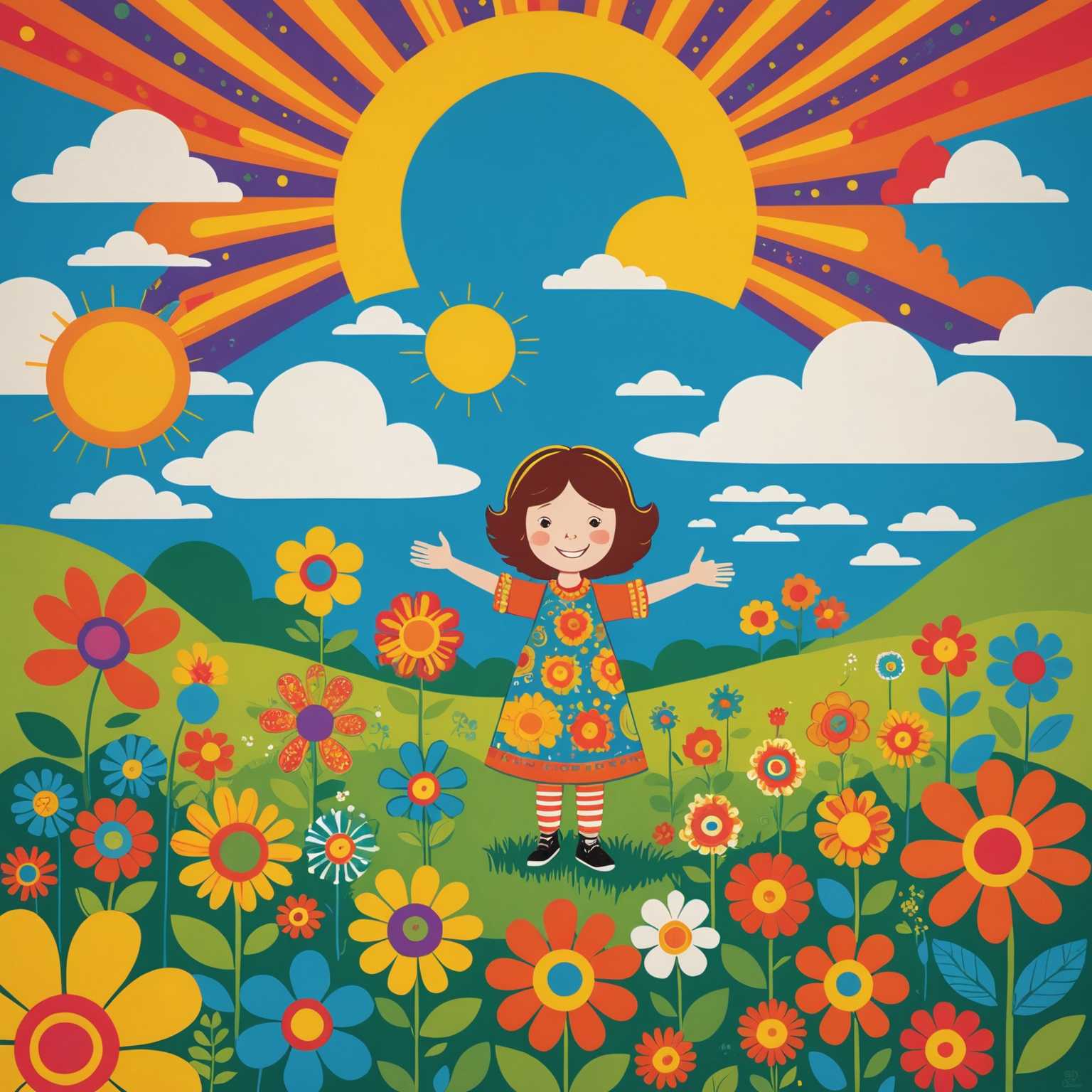 Eine verspielte und lebendige Illustration, die typisch für die Kinderkunst der 1970er Jahre ist. Das Kunstwerk zeigt ein kindliches, freudig interagierendes Kind in einer natürlichen Umgebung mit stilisierten Blumen, Sonne und Wolken im Hintergrund. Das Design umfasst leuchtende, kräftige Farben und geometrische Muster mit einem leicht psychedelischen Einfluss. Das Kind ist in einer cartoonartigen und vereinfachten Weise gezeichnet und strahlt ein Gefühl von Unschuld und Spaß aus.