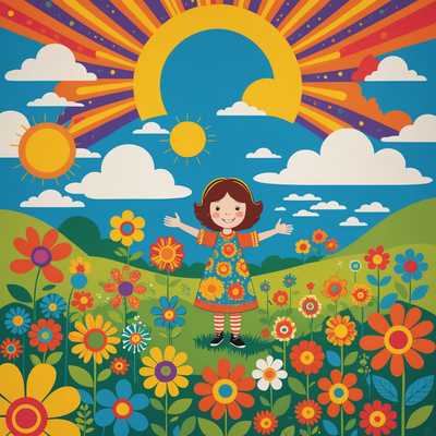Eine verspielte und lebendige Illustration, die typisch für die Kinderkunst der 1970er Jahre ist. Das Kunstwerk zeigt ein kindliches, freudig interagierendes Kind in einer natürlichen Umgebung mit stilisierten Blumen, Sonne und Wolken im Hintergrund. Das Design umfasst leuchtende, kräftige Farben und geometrische Muster mit einem leicht psychedelischen Einfluss. Das Kind ist in einer cartoonartigen und vereinfachten Weise gezeichnet und strahlt ein Gefühl von Unschuld und Spaß aus.