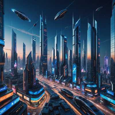 Eine futuristische Stadtlandschaft mit hoch aufragenden, eleganten Wolkenkratzern aus Glas und Metall, beleuchtet von Neonlichtern und holografischen Werbetafeln. Der Himmel ist tiefes Dämmerungsblau mit ein paar verstreuten Sternen und vorbeifliegenden Fahrzeugen. Die Gebäude haben eine Mischung aus scharfen, eckigen Kanten und glatten, geschwungenen Oberflächen, die fortschrittliche architektonische Designs incorporieren. Die Straßen unten sind belebt mit futuristischen Fahrzeugen und Fußgängern, die High-Tech-Kleidung tragen, mit Bürgersteigen, die von digitalen Werbetafeln und robotischen Straßenhändlern gesäumt sind. Die Gesamtatmosphäre ist eine Mischung aus fortschrittlicher Technologie und lebendigem urbanem Leben.