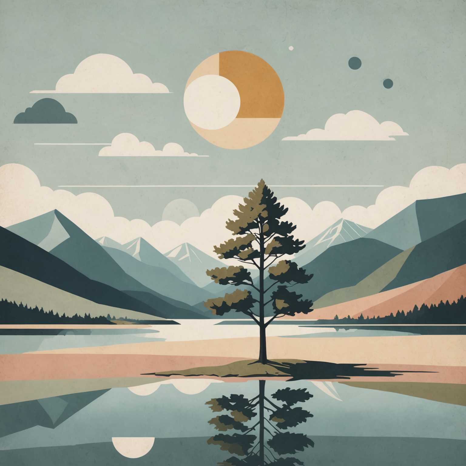Das Bild zeigt eine ruhige, minimalistische Szene, die typisch für nordische skandinavische Kunst ist. Sanfte, gedämpfte Farben schaffen eine ruhige und gelassene Atmosphäre. Es gibt einfache, klare Linien und geometrische Formen, mit Fokus auf natürliche Elemente. Einige zurückhaltende Illustrationen von Bäumen und Bergen sind zu sehen, sowie stilisierte Darstellungen von Sonne und Wolken. Die Ästhetik insgesamt ist modern und aufgeräumt, und betont Einfachheit und Harmonie mit der Natur.