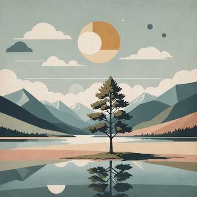 Das Bild zeigt eine ruhige, minimalistische Szene, die typisch für nordische skandinavische Kunst ist. Sanfte, gedämpfte Farben schaffen eine ruhige und gelassene Atmosphäre. Es gibt einfache, klare Linien und geometrische Formen, mit Fokus auf natürliche Elemente. Einige zurückhaltende Illustrationen von Bäumen und Bergen sind zu sehen, sowie stilisierte Darstellungen von Sonne und Wolken. Die Ästhetik insgesamt ist modern und aufgeräumt, und betont Einfachheit und Harmonie mit der Natur.