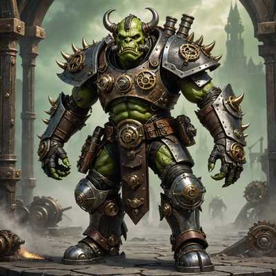 Ein furchterregender, gepanzerter Steampunk-Ork-Krieger steht in einer dynamischen Pose. Der Ork hat grüne Haut und Stoßzähne, die aus seinem Unterkiefer ragen. Er trägt komplizierte, aus Messing und Leder gefertigte Steampunk-Rüstung, die mit Zahnrädern und Rädern verziert ist. Der Krieger schwingt einen großen, mechanischen Kriegshammer, der Steampunkelemente wie Rohre, Ventile und einen leichten Dampfeffekt aufweist. Im Hintergrund ist eine dunkle, neblige viktorianische Stadtlandschaft mit Luftschiffen am Himmel zu sehen, die eine düstere und atmosphärische Kulisse schafft. Die Farbpalette wird von Grüntönen, Brauntönen und Messing dominiert, was das Steampunk-Fantasie-Thema verstärkt.