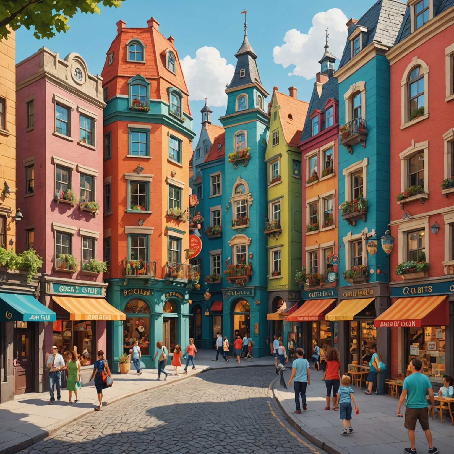 Die Szene zeigt eine lebhafte Straßenszene mit cartoonartigen Gebäuden. Diese sind in lebendigen und verspielten Farben gehalten und haben übertriebene Formen. Jedes Gebäude hat einzigartige, verspielte architektonische Details wie geschwungene Wände, übergroße Fenster und skurrile Dächer. Die Straße ist belebt; überall sind Cartoon-Charaktere bei verschiedenen lustigen Aktivitäten zu sehen: Sie laufen, unterhalten sich und einige scheinen shoppen oder Schaufensterbummeln zu gehen. Der Himmel ist klar blau mit ein paar fluffigen Wolken, was zur fröhlichen und energetischen Stimmung der Szene beiträgt. Das Gesamtbild ist heiter und fantasievoll, ähnlich einer lebhaften Cartoon-Stadtlandschaft.