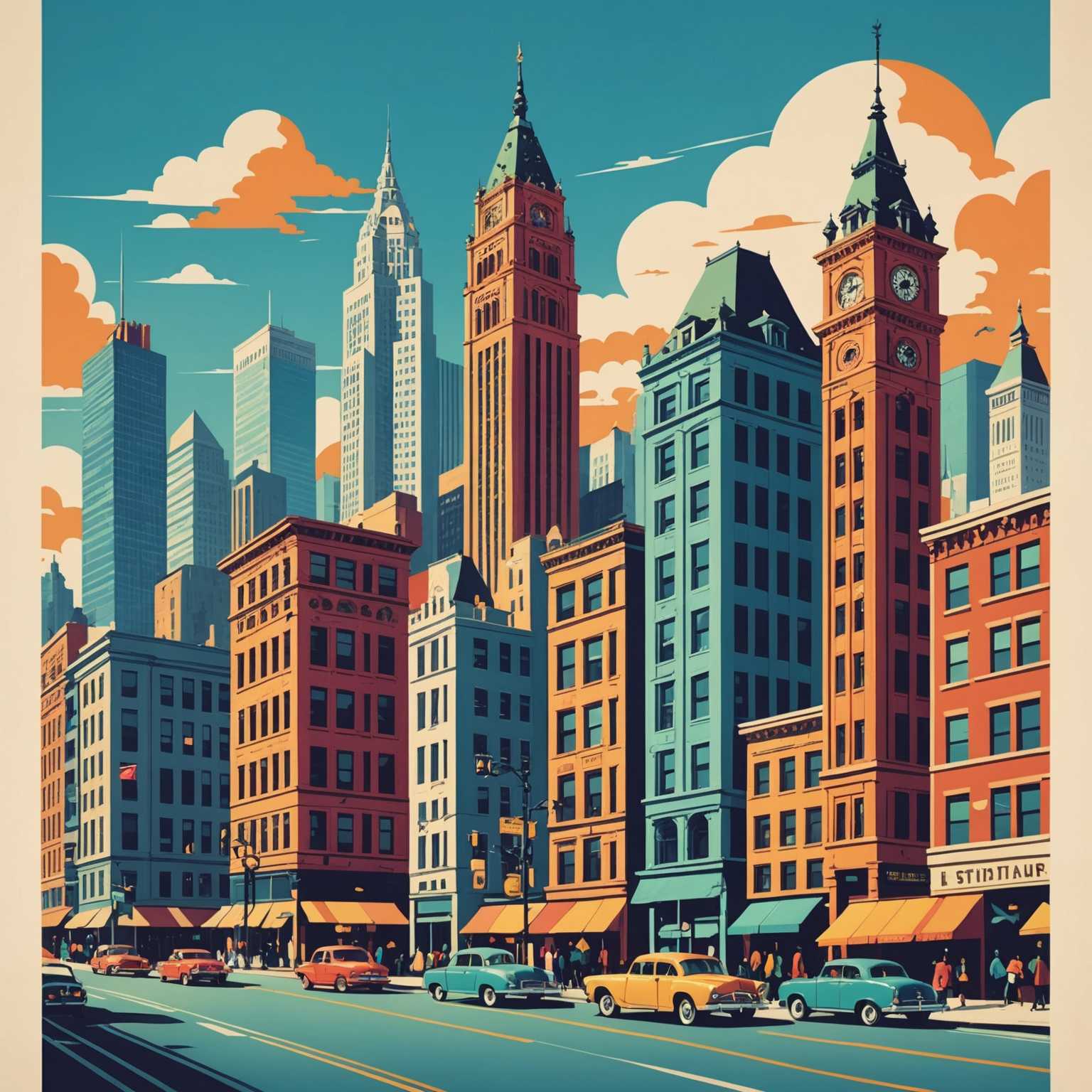 Eine bunte Illustration einer lebendigen Stadtlandschaft mit einer eklektischen Mischung aus architektonischen Stilen, mit hohen Wolkenkratzern, charmanten historischen Gebäuden und ikonischen Wahrzeichen. Der Himmel ist klar und zeigt einen Hauch von künstlerischer Finesse, der ein Gefühl von Abenteuer und Erkundung einfängt. Fett gedruckte, auffällige Farben und stilisierte Designelemente verleihen dem Poster einen retro-vintage Reiseflair, der die Betrachter einlädt, die dargestellte urbane Landschaft zu erkunden.