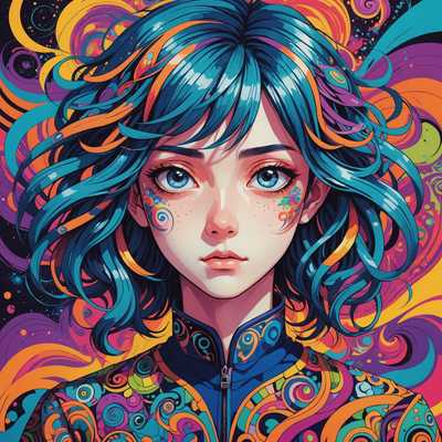 Ein lebendig buntes Anime-Porträt eines Charakters mit großen, ausdrucksstarken Augen. Das Haar fließt und vermischt sich mit dem komplexen, wirbelnden Hintergrund, was einen psychedelischen Effekt erzeugt. Die Gesichtszüge sind fein detailliert, mit einer Mischung aus hellen und kontrastierenden Farben, die zur surrealen Atmosphäre beitragen. Der Hintergrund ist mit abstrakten Mustern und Formen gefüllt, was das Gefühl von Surrealismus verstärkt. Die gesamte Komposition wirkt dynamisch und jenseitig, indem sie Anime-Ästhetik mit einem psychedelischen Kunststil verbindet und eine Vielzahl von Farben von Neonpink und -blau bis hin zu tieferen Purpur- und Grüntönen nutzt.