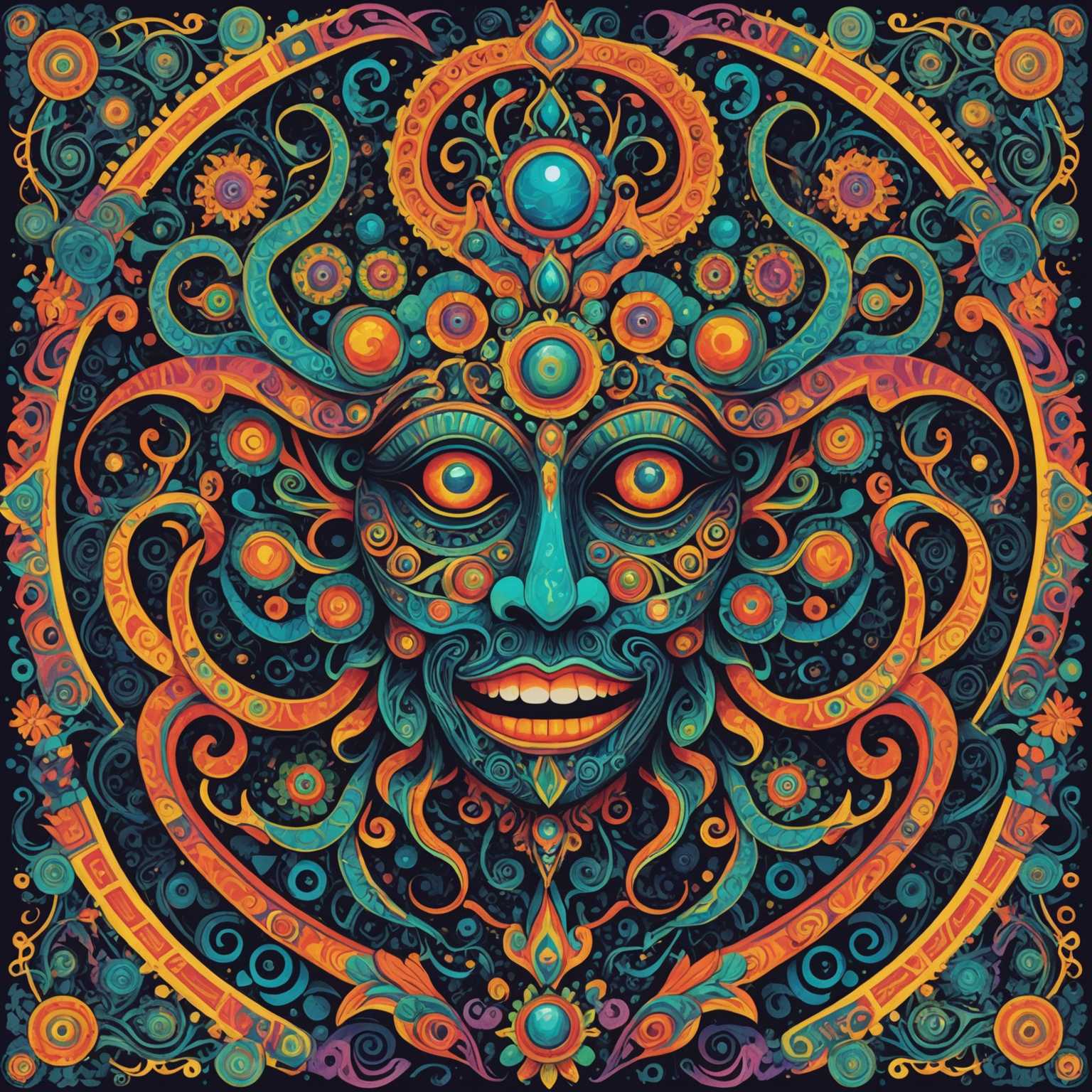Das Bild zeigt eine lebendige und äußerst detailreiche psychedelische Illustration. Es enthält wirbelnde Muster, leuchtende Neonfarben und komplexe Designs, die ein Gefühl von Bewegung und Tiefe erzeugen. Der zentrale Fokus liegt auf einer abstrakten, symmetrischen Figur, die einem fantastischen Wesen oder einer Gottheit ähnelt, mit mehreren Augen und verzierten Kopfbedeckungen. Um diese zentrale Figur herum befinden sich verschiedene geometrische Formen, fraktalähnliche Elemente und organische Formen wie Blumen, Ranken und Tentakel. Der Hintergrund ist ein Kaleidoskop aus Farben, darunter elektrisches Blau, strahlendes Lila und feuriges Orange, was ein hypnotisierendes und psychedelisches visuelles Erlebnis schafft.