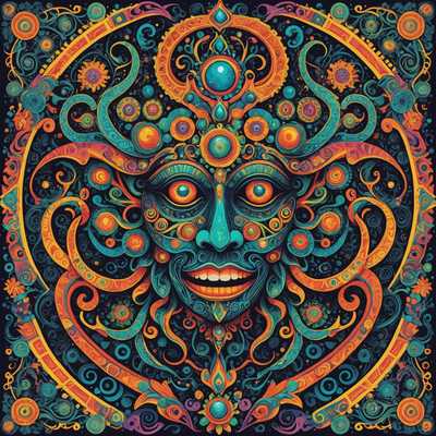 Das Bild zeigt eine lebendige und äußerst detailreiche psychedelische Illustration. Es enthält wirbelnde Muster, leuchtende Neonfarben und komplexe Designs, die ein Gefühl von Bewegung und Tiefe erzeugen. Der zentrale Fokus liegt auf einer abstrakten, symmetrischen Figur, die einem fantastischen Wesen oder einer Gottheit ähnelt, mit mehreren Augen und verzierten Kopfbedeckungen. Um diese zentrale Figur herum befinden sich verschiedene geometrische Formen, fraktalähnliche Elemente und organische Formen wie Blumen, Ranken und Tentakel. Der Hintergrund ist ein Kaleidoskop aus Farben, darunter elektrisches Blau, strahlendes Lila und feuriges Orange, was ein hypnotisierendes und psychedelisches visuelles Erlebnis schafft.