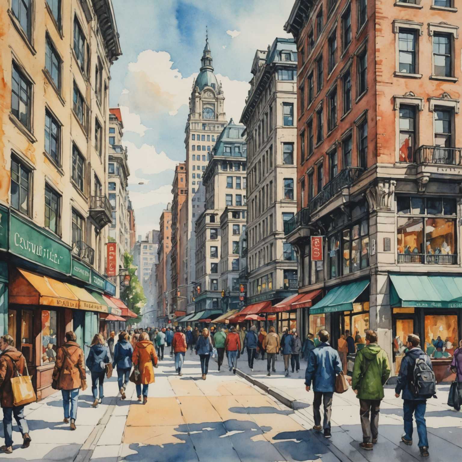 Ein lebendiges städtisches Szene in Aquarell dargestellt, zeigt eine geschäftige Stadtstraße, gesäumt von einer Reihe architektonischer Gebäude. Die Skizze zeigt eine Vielzahl von Strukturen, jede mit einzigartigen Designs, und erfasst Elemente wie Fenster, Balkone und Fassaden mit detaillierten Details. Im Vordergrund sind Fußgänger zu sehen, die den Bürgersteig entlang gehen, einige tragen Taschen, was eine lebhafte und geschäftige Atmosphäre anzeigt. Bunte Straßenelemente wie Laternenpfähle, Ladenschilder und Bäume tragen zur dynamischen Stimmung der Straße bei. Der Gesamtstil verbindet lose, expressive Pinselstriche mit detaillierten Linienarbeiten und verleiht dem Stück ein energetisches und dennoch raffiniertes Gefühl. Die Palette besteht hauptsächlich aus warmen Tönen mit Farbtupfern kühlerer Farbtöne, um die Komposition auszugleichen.