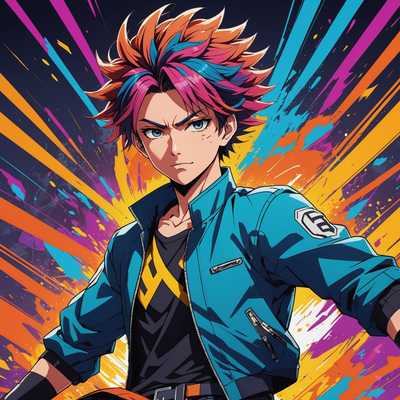 Ein dynamischer Anime-Charakter in lebendigen Farben, der ausdrucksstarke Emotionen und eine energetische Pose zeigt. Die Szene ist sehr energiegeladen, mit detaillierten Details in Kleidung, Haaren und Gesichtsausdrücken. Der Hintergrund zeigt Aktionslinien und Effekte, die die hohe Intensität und Bewegung der Szene betonen. Der Charakter hat eine markante und farbenfrohe Frisur, Outfit und Accessoires, die zur Vielfalt und Lebendigkeit der Illustration beitragen.
