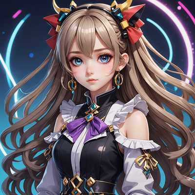 Die Abbildung zeigt eine detaillierte 2D-Illustration eines weiblichen Vtuber-Charakters. Sie hat große, ausdrucksstarke Augen und einen ruhigen Gesichtsausdruck. Ihr langes, fließendes Haar ist kunstvoll gestylt, mit einem Farbverlauf von dunkleren Ansätzen zu helleren Spitzen, möglicherweise mit Accessoires wie Bändern oder Clips verziert. Sie trägt ein stilvolles, möglicherweise futuristisches oder fantasie-inspiriertes Outfit mit verschiedenen Details wie Rüschen, Knöpfen oder Mustern. Die Farbpalette ist lebendig, mit einer Mischung aus Pastell- und kräftigen Farben. Der Hintergrund ist schlicht gehalten, um die Aufmerksamkeit auf den Charakter zu lenken.