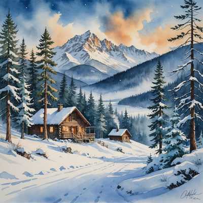 Ein friedliches Winterbild in Aquarell. Im Vordergrund stehen hohe Kiefern, deren Zweige mit schwerem Schnee beladen sind. Sanft fallen zarte Schneeflocken aus einem bewölkten Himmel. Eine gemütliche Hütte mit Rauch, der aus ihrem Schornstein steigt, befindet sich eingebettet zwischen den Bäumen und leuchtet warm im Kontrast zu den kühlen Blau- und Weißtönen der Landschaft. Im Hintergrund erheben sich majestätische, schneebedeckte Berge und verleihen dem Bild Tiefe und Ruhe. Das gesamte Bild vermittelt ein Gefühl von Frieden und festlicher Stimmung und fängt die stille Schönheit eines verschneiten Waldes im Herzen des Winters ein.