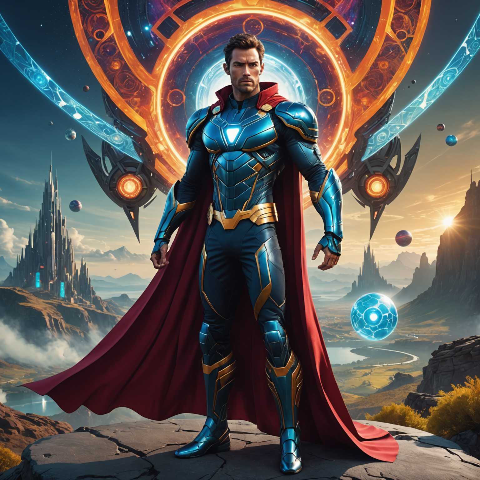 Das Bild zeigt eine Person, die in einen Superhelden-Avatar verwandelt wurde. Die Figur trägt einen eleganten, futuristischen Anzug mit lebhaften Farben und komplizierten Designs. Ihr Umhang weht hinter ihr, und ihr Gesichtsausdruck ist entschlossen und heldenhaft. Der Hintergrund zeigt eine dramatische, ätherische Landschaft mit Elementen der Fantasie, wie leuchtenden Kugeln und mystischen Strukturen. Die Gesamtatmosphäre ist sowohl dynamisch als auch fantastisch und verbindet Elemente des Realismus mit fantasievollen, anderenweltlichen Details.