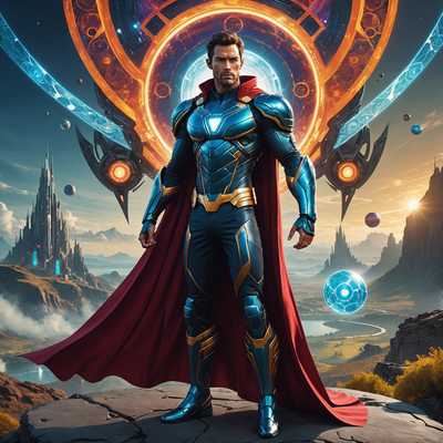 Das Bild zeigt eine Person, die in einen Superhelden-Avatar verwandelt wurde. Die Figur trägt einen eleganten, futuristischen Anzug mit lebhaften Farben und komplizierten Designs. Ihr Umhang weht hinter ihr, und ihr Gesichtsausdruck ist entschlossen und heldenhaft. Der Hintergrund zeigt eine dramatische, ätherische Landschaft mit Elementen der Fantasie, wie leuchtenden Kugeln und mystischen Strukturen. Die Gesamtatmosphäre ist sowohl dynamisch als auch fantastisch und verbindet Elemente des Realismus mit fantasievollen, anderenweltlichen Details.