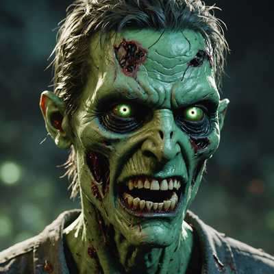 In der Nahaufnahme ist ein digital dargestellter Zombie-Avatar zu sehen, dessen Haut blassgrün und verfallen ist, mit sichtbaren Wunden und Kratzern. Die Augen glühen unheimlich, wobei eines größer als das andere ist. Der Mund ist leicht geöffnet und zeigt scharfe, zackige Zähne, um die dunkles Blut verschmiert ist. Der Avatar trägt zerrissene, abgenutzte und schmutzige Kleidung, passend zum post-apokalyptischen Thema. Das Haar ist unordentlich und fleckig, mit einigen fehlenden Strähnen. Der Hintergrund ist dunkel und bedrohlich, was die unheimliche Atmosphäre verstärkt.
