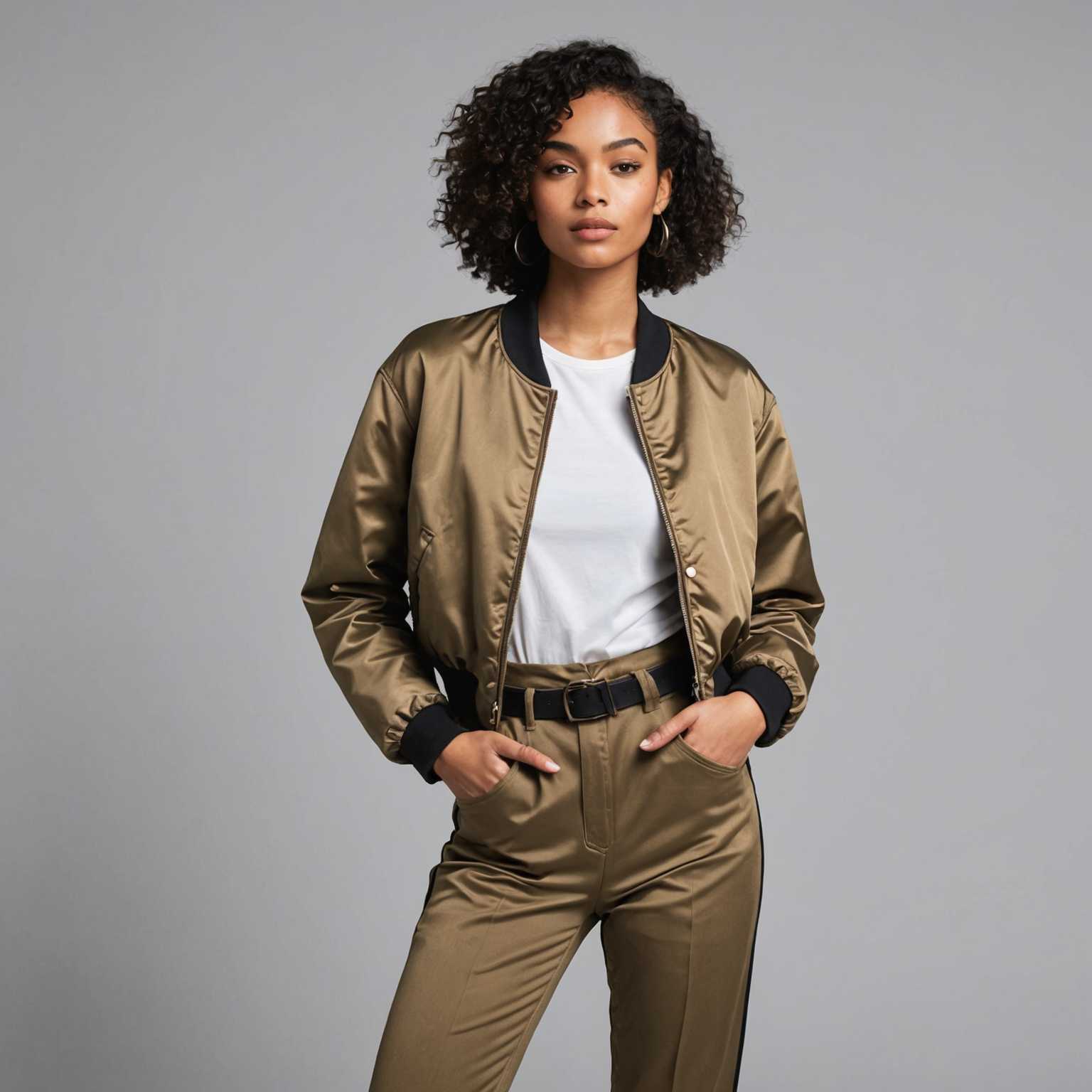 Eine junge Frau steht vor einem schlichten Hintergrund und präsentiert ein modisches Outfit. Sie trägt eine trendige Jacke über einem stylischen Oberteil, kombiniert mit modernen Hosen. Ihre Pose ist selbstbewusst und elegant, wodurch die Kleidung, die sie trägt, hervorgehoben wird.