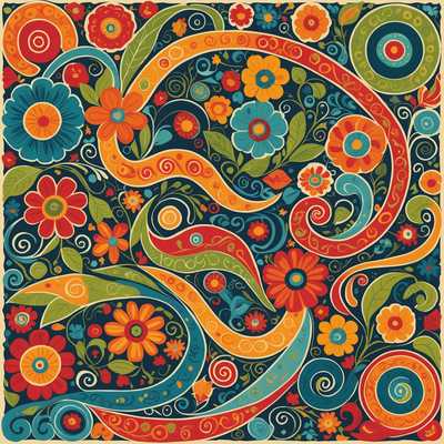 Ein verspielter Rahmen mit wirbelnden Mustern und spielerischen, bunten Akzenten im naiven Folk-Art-Stil.