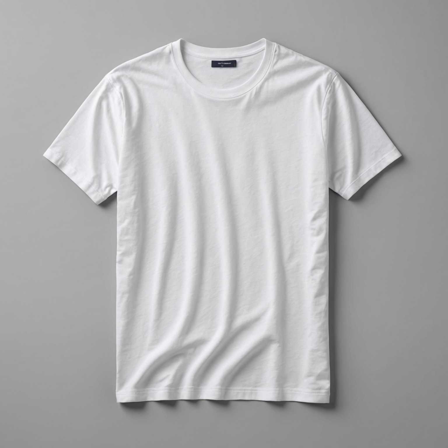 Ein lässiges weißes T-Shirt wird auf einem einfachen Hintergrund angezeigt, ordentlich ausgelegt und frisch aussehend. Der Stoff erscheint weich, mit kurzen Ärmeln und einem Rundhalsausschnitt. Es gibt subtile Schatteneffekte, die dem Kleidungsstück Tiefe verleihen. Es ist als Mockup zum Vorführen von Designs gedacht, ohne sichtbare Logos oder Designs darauf. Die Gesamtpräsentation ist sauber und minimalistisch.