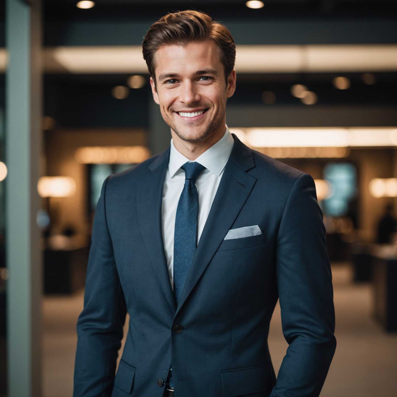Das Bild zeigt eine Person in formeller Geschäftskleidung, die eine selbstbewusste Pose einnimmt. Die Person hat ein überspitztes, schmeichelhaftes Lächeln im Gesicht, und der Hintergrund ist verschwommen, um ihre Präsenz zu betonen. Die Beleuchtung ist professionell und hebt ihre Kleidung und Gesichtszüge hervor. Die Person wirkt gepflegt, mit ordentlich gestyltem Haar. Das Outfit umfasst einen Blazer, ein Hemd und möglicherweise eine Krawatte, was eine professionelle LinkedIn-Profilbild-Atmosphäre vermittelt.