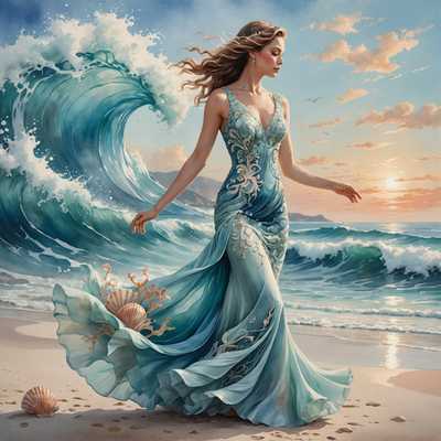 Elegante Frau im blauen Kleid am dramatischen Sonnenuntergangs-Strand