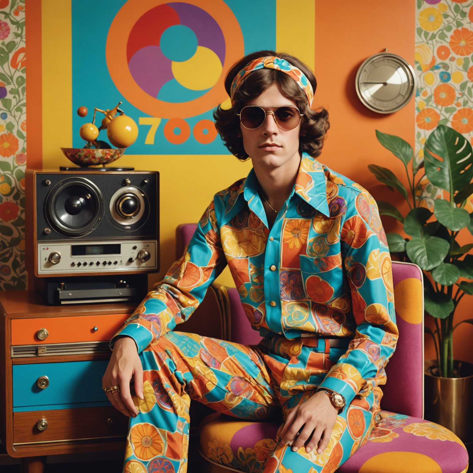 Eine junge Person in einem nostalgischen 1970er-Jahre-Setting, gekleidet in bunte, gemusterte Kleidung, die für diese Ära typisch ist. Das Foto zeigt Schlaghosen, Hemden mit breitem Kragen und lebendige Accessoires wie ein Stirnband und große Sonnenbrillen. Der Hintergrund weist Elemente auf, die den Stil und die Einrichtung der 70er Jahre widerspiegeln, einschließlich Retro-Möbeln und Tapeten. Das Bild strahlt ein Gefühl von Kameradschaft und unbeschwertem Geist aus und fängt die Essenz sozialer Szenen dieser Zeit ein.