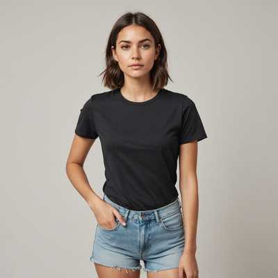 Ein weibliches Modell trägt ein schwarzes, eng anliegendes T-Shirt und helle Jeansshorts. Das Modell hat einen neutralen Gesichtsausdruck und steht vor einem schlichten, hellen Hintergrund.