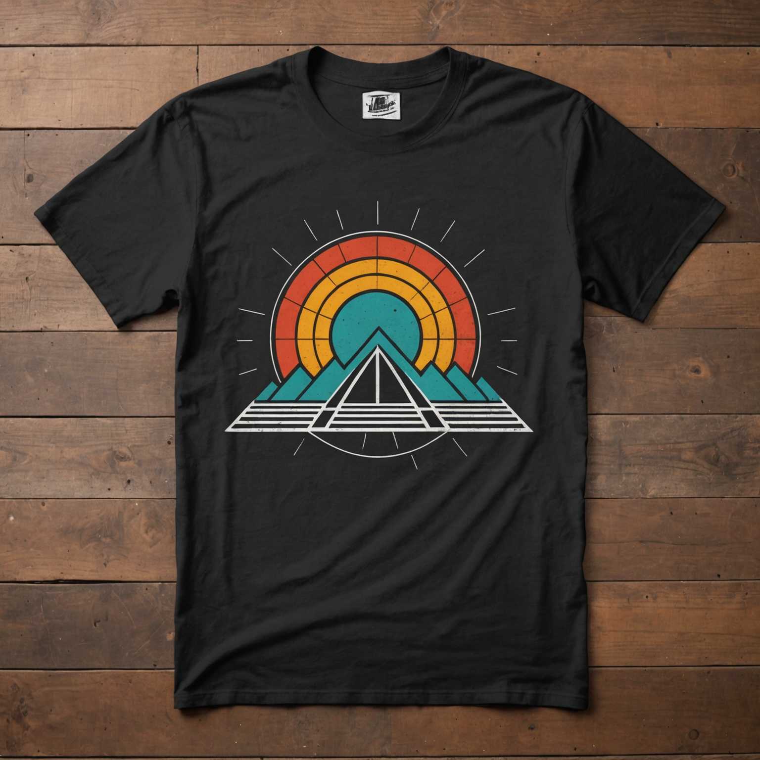 Ein einzelnes Vintage-T-Shirt flach ausgelegt. Das T-Shirt zeigt ein einzigartiges Grafikdesign mit Retro-Ästhetik und lebendigen Farben. Das Design umfasst ein klassisches Rockband-Logo mit leicht abgenutztem Aussehen, um den Vintage-Charakter zu betonen. Der Hintergrund ist schlicht gehalten, um den Fokus ausschließlich auf das T-Shirt und sein auffälliges, unverwechselbares Design zu lenken.