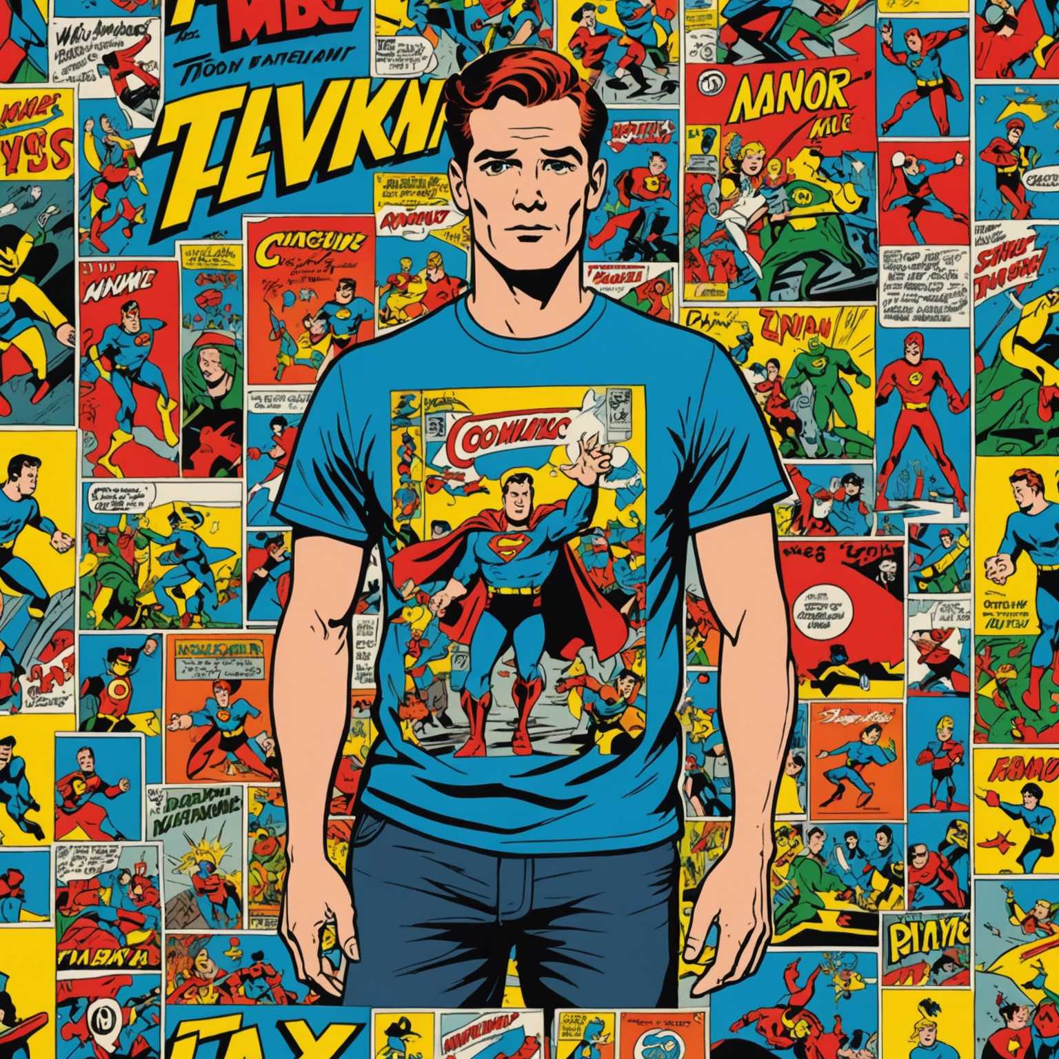 Das Bild zeigt ein T-Shirt mit einem Retro-Comic-Design. Das Shirt hat ein buntes Cartoon-ähnliches Design, das klassische Comic-Kunst referenziert, mit kräftigen Linien und lebhaften Farben. Die dargestellten Figur und Szene auf dem T-Shirt erzeugen ein nostalgisches, Vintage-Gefühl, das an Cartoon-Illustrationen aus der Mitte des 20. Jahrhunderts erinnert.