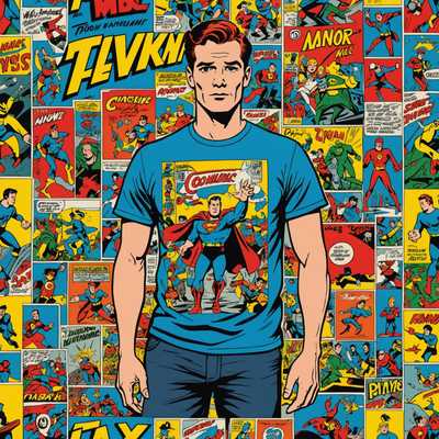 Das Bild zeigt ein T-Shirt mit einem Retro-Comic-Design. Das Shirt hat ein buntes Cartoon-ähnliches Design, das klassische Comic-Kunst referenziert, mit kräftigen Linien und lebhaften Farben. Die dargestellten Figur und Szene auf dem T-Shirt erzeugen ein nostalgisches, Vintage-Gefühl, das an Cartoon-Illustrationen aus der Mitte des 20. Jahrhunderts erinnert.