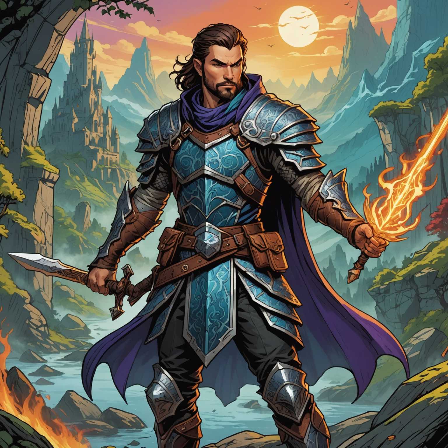 Eine Gruppe vielfältiger Fantasy-Charaktere, einschließlich Menschen, Elfen und Monster, illustriert in einem lebendigen und detaillierten Comic-Stil. Jeder Charakter ist dynamisch dargestellt und präsentiert seine einzigartigen Attribute, Bewaffnung und Kleidung, die für ein Dungeons & Dragons-Setting geeignet sind. Der Hintergrund zeigt eine mystische Landschaft mit Elementen von Magie und mythischen Kreaturen, die die Fantasieatmosphäre verstärken.