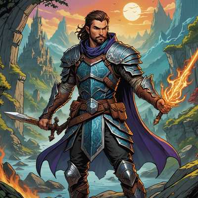 Eine Gruppe vielfältiger Fantasy-Charaktere, einschließlich Menschen, Elfen und Monster, illustriert in einem lebendigen und detaillierten Comic-Stil. Jeder Charakter ist dynamisch dargestellt und präsentiert seine einzigartigen Attribute, Bewaffnung und Kleidung, die für ein Dungeons & Dragons-Setting geeignet sind. Der Hintergrund zeigt eine mystische Landschaft mit Elementen von Magie und mythischen Kreaturen, die die Fantasieatmosphäre verstärken.