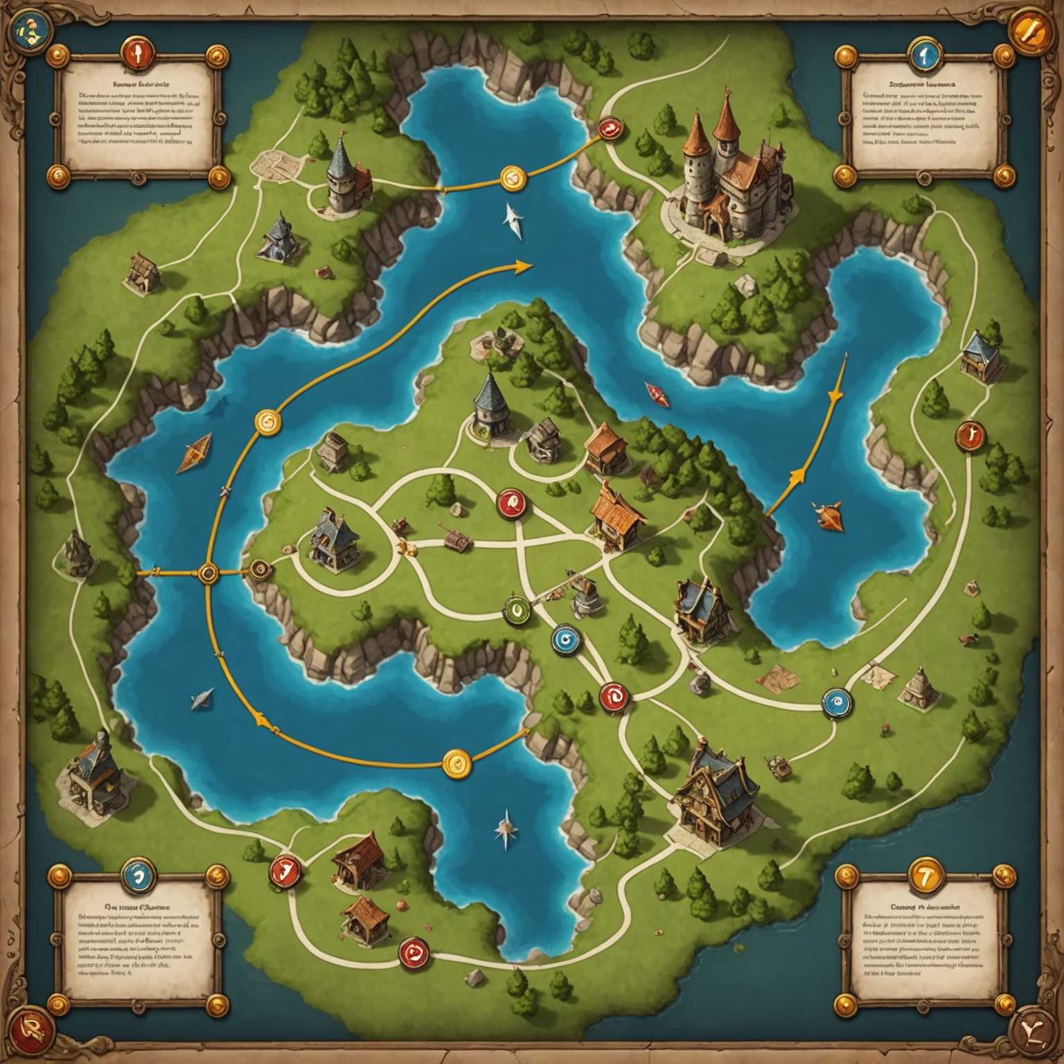 Wege, die mit gepunkteten Linien und Richtungspfeilen markiert sind und mögliche Abenteuer und Quests anzeigen.