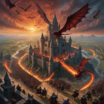 Auf einem riesigen Schlachtfeld unter einem purpurroten Himmel kämpfen gepanzerte Ritter und wilde Krieger mit Schwertern und Schilden, ihre Gesichter sind intensiv und entschlossen. Magische Kreaturen, darunter Drachen und Greife, fliegen darüber und führen ihren eigenen Luftkampf. Verzauberte Waffen leuchten mit mystischer Energie, während Magier mächtige Zauber wirken, die die chaotische Szene erhellen. Banner aus verschiedenen Königreichen wehen im Wind, einige sind zerrissen und blutbefleckt. Unter den kämpfenden Massen sind Helden und Anführer zu sehen, die ihre Truppen sammeln und sich mutig und strategisch ihren furchterregenden Gegnern stellen. Im Hintergrund zeigen riesige Burgen und Festungen Anzeichen andauernder Belagerungen und Kämpfe, mit Rauch, der von lodernden Katapulten und Trebuchets aufsteigt. Die gesamte Szene strahlt einen epischen Sinn für Kampf, Tapferkeit und das Aufeinandertreffen fantastischer Kräfte aus.