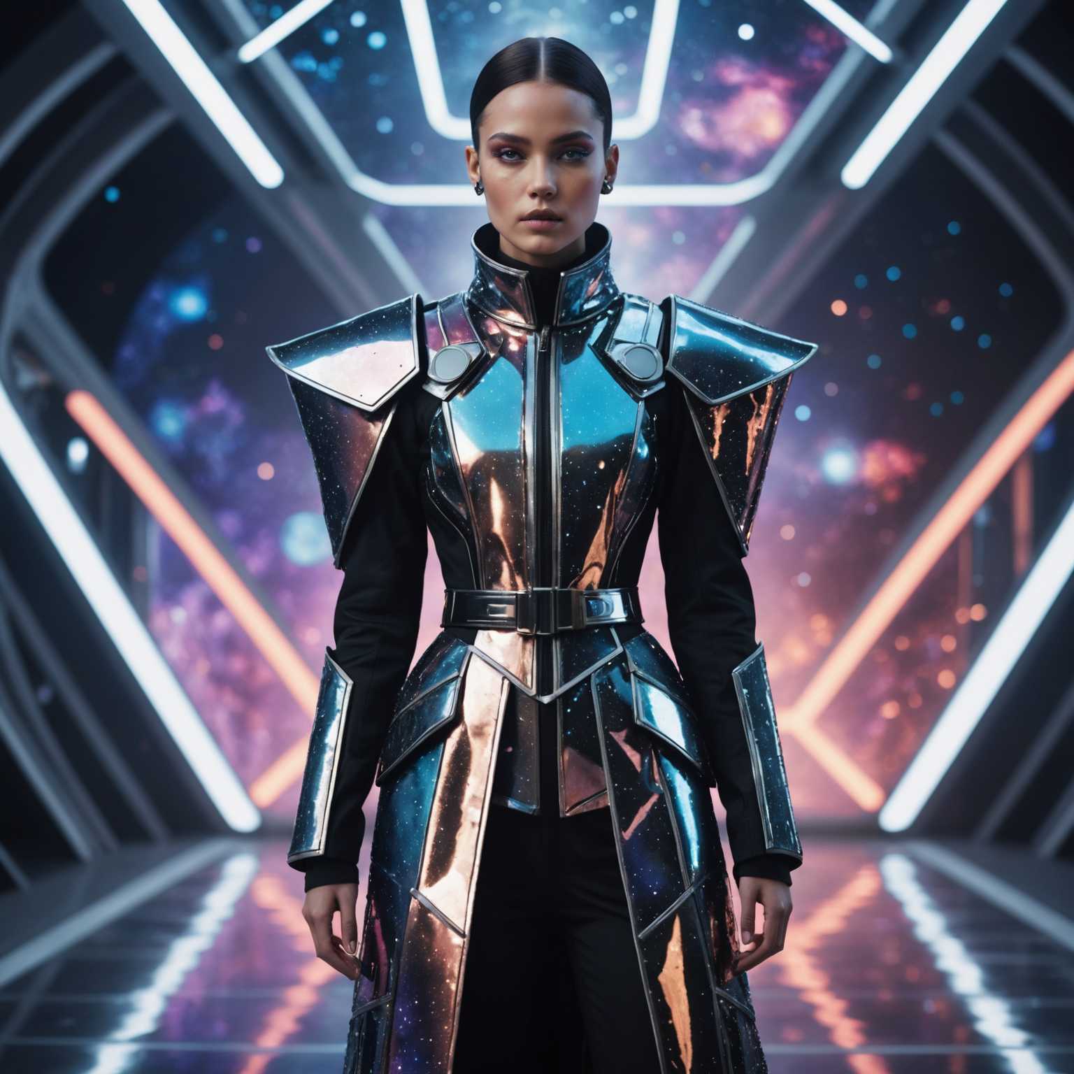 Eine futuristische Modeszene, die eine Person zeigt, die avantgardistische Kleidung trägt. Das Outfit besteht aus einer Mischung aus metallischen und leuchtenden Stoffen, ergänzt durch aufwendige Accessoires mit einer eleganten, futuristischen Ästhetik. Der Hintergrund besteht aus kosmischen Elementen wie Sternen und Nebeln und vermittelt den Eindruck, sich in einer Umgebung im Weltraum zu befinden. Die Beleuchtung ist ätherisch, mit Blau-, Lila- und Silbertönen, die das futuristische und andereweltliche Thema betonen. Der Ausdruck des Models ist ernst und selbstbewusst, was die avantgardistische Stimmung des Fotos verstärkt.