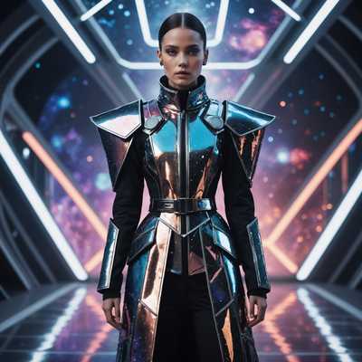 Eine futuristische Modeszene, die eine Person zeigt, die avantgardistische Kleidung trägt. Das Outfit besteht aus einer Mischung aus metallischen und leuchtenden Stoffen, ergänzt durch aufwendige Accessoires mit einer eleganten, futuristischen Ästhetik. Der Hintergrund besteht aus kosmischen Elementen wie Sternen und Nebeln und vermittelt den Eindruck, sich in einer Umgebung im Weltraum zu befinden. Die Beleuchtung ist ätherisch, mit Blau-, Lila- und Silbertönen, die das futuristische und andereweltliche Thema betonen. Der Ausdruck des Models ist ernst und selbstbewusst, was die avantgardistische Stimmung des Fotos verstärkt.