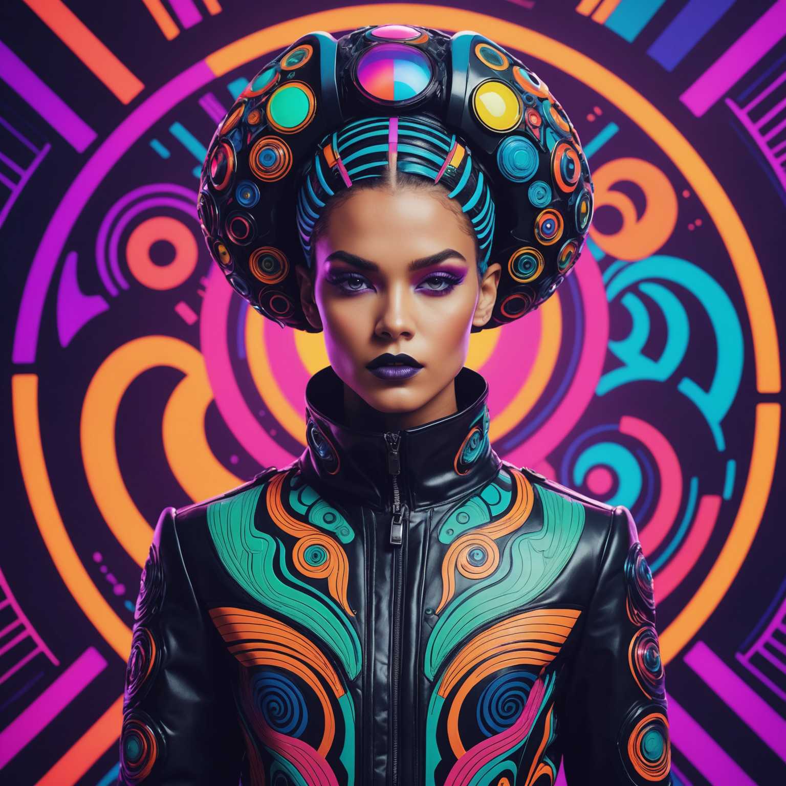 Das Bild zeigt ein futuristisches Modeposter mit psychedelischen Elementen. Es präsentiert eine Person, die avantgardistische, futuristische Kleidung mit lebendigen, kräftigen Farben und komplexen Mustern trägt. Der Hintergrund weist abstrakte, wirbelnde Designs und Neonlichter auf, die das psychedelische Gefühl verstärken. Die Person hat stilisierte, überzogene Merkmale, mit einzigartigen Frisuren und Accessoires, die das futuristische Thema betonen. Die Komposition ist dynamisch und visuell auffällig und kombiniert Elemente der Mode und des Surrealismus auf harmonische Weise.