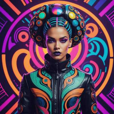 Das Bild zeigt ein futuristisches Modeposter mit psychedelischen Elementen. Es präsentiert eine Person, die avantgardistische, futuristische Kleidung mit lebendigen, kräftigen Farben und komplexen Mustern trägt. Der Hintergrund weist abstrakte, wirbelnde Designs und Neonlichter auf, die das psychedelische Gefühl verstärken. Die Person hat stilisierte, überzogene Merkmale, mit einzigartigen Frisuren und Accessoires, die das futuristische Thema betonen. Die Komposition ist dynamisch und visuell auffällig und kombiniert Elemente der Mode und des Surrealismus auf harmonische Weise.