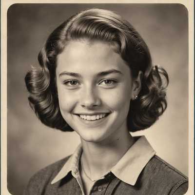 Das Bild zeigt ein Jahrbuchfoto aus der Highschool, auf dem ein Schüler mit einer Retro-Frisur und -Kleidung zu sehen ist. Der Schüler lächelt oder macht eine lustige Grimasse, was eine süße und nostalgische Stimmung vermittelt, die typisch für Jahrbücher vergangener Jahrzehnte ist. Das Foto hat einen sepiafarbenen Vintage-Filter, der das Retro-Gefühl verstärkt.