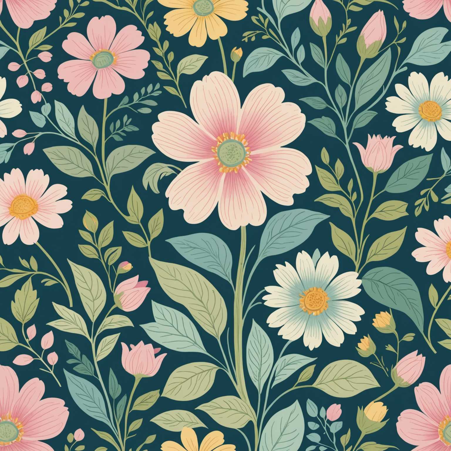 Eine zarte Blumenillustration in einem skurrilen, pastellfarbenen Muster, das typisch für ein Kinder-Märchenbuch ist. Die Blume ist charmant und fügt sich nahtlos in die verträumte, magische Ästhetik ein. Die sanfte Farbpalette umfasst Rosa-, Blau-, Gelb- und Grüntöne und wird vor einem ruhigen Hintergrund gezeigt.