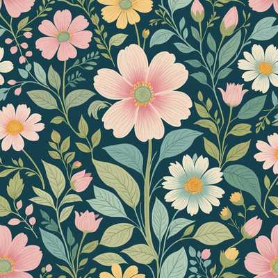 Eine zarte Blumenillustration in einem skurrilen, pastellfarbenen Muster, das typisch für ein Kinder-Märchenbuch ist. Die Blume ist charmant und fügt sich nahtlos in die verträumte, magische Ästhetik ein. Die sanfte Farbpalette umfasst Rosa-, Blau-, Gelb- und Grüntöne und wird vor einem ruhigen Hintergrund gezeigt.