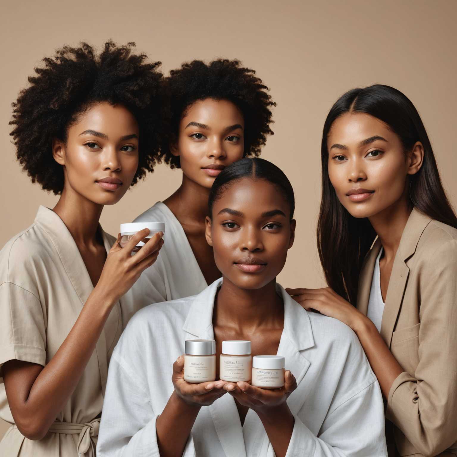 Das Bild zeigt eine vielfältige Gruppe von Modellen mit makelloser Haut, die verschiedene Hautpflegeprodukte präsentieren. Der Hintergrund ist minimalistisch gestaltet, um die Aufmerksamkeit auf die Modelle zu lenken, die einfache, elegante Kleidung tragen, die ihre natürliche Schönheit betont. Die Beleuchtung ist weich und gleichmäßig, was eine warme und einladende Atmosphäre schafft. Die Gesichtsausdrücke der Modelle sind gelassen und selbstbewusst, und sie zeigen ihre klare und strahlende Haut. Sie halten oder tragen Hautpflegeprodukte wie Feuchtigkeitscremes, Seren oder Gesichtsöle auf, die subtil platziert sind, um Aufmerksamkeit zu erregen, ohne die Modelle zu überstrahlen. Das Gesamtaussehen ist sauber, frisch und anspruchsvoll und soll die Wirksamkeit und den Luxus der beworbenen Hautpflegeprodukte vermitteln.