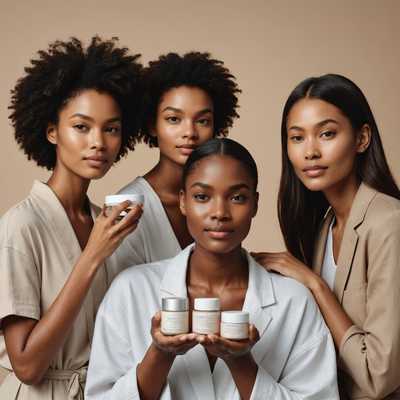 Das Bild zeigt eine vielfältige Gruppe von Modellen mit makelloser Haut, die verschiedene Hautpflegeprodukte präsentieren. Der Hintergrund ist minimalistisch gestaltet, um die Aufmerksamkeit auf die Modelle zu lenken, die einfache, elegante Kleidung tragen, die ihre natürliche Schönheit betont. Die Beleuchtung ist weich und gleichmäßig, was eine warme und einladende Atmosphäre schafft. Die Gesichtsausdrücke der Modelle sind gelassen und selbstbewusst, und sie zeigen ihre klare und strahlende Haut. Sie halten oder tragen Hautpflegeprodukte wie Feuchtigkeitscremes, Seren oder Gesichtsöle auf, die subtil platziert sind, um Aufmerksamkeit zu erregen, ohne die Modelle zu überstrahlen. Das Gesamtaussehen ist sauber, frisch und anspruchsvoll und soll die Wirksamkeit und den Luxus der beworbenen Hautpflegeprodukte vermitteln.