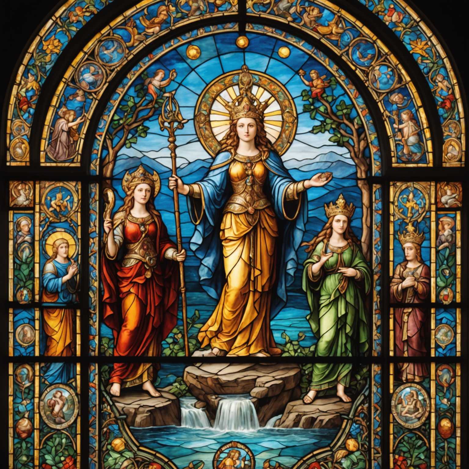 Ein prächtiges Buntglasfenster, das verschiedene Götter und Göttinnen aus verschiedenen Mythologien darstellt. Die lebendigen Farben des Glases schaffen ein atemberaubendes Mosaik göttlicher Figuren, jede umgeben von kunstvollen Mustern und himmlischen Motiven. Die Götter und Göttinnen sind in prächtigen Gewändern gekleidet, und einige halten symbolische Gegenstände wie Zepter, Schriftrollen oder Waffen. Der Hintergrund zeigt eine mystische Landschaft mit fließenden Flüssen, alten Wäldern und majestätischen Bergen, alles mit exquisiten Details im Buntglasstil gefertigt. Strahlende Lichtstrahlen filtern durch das Glas und werfen ein Regenbogen aus Farben über die Szene, wodurch die ätherische und andereweltliche Atmosphäre verstärkt wird.