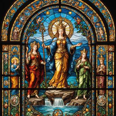 Ein prächtiges Buntglasfenster, das verschiedene Götter und Göttinnen aus verschiedenen Mythologien darstellt. Die lebendigen Farben des Glases schaffen ein atemberaubendes Mosaik göttlicher Figuren, jede umgeben von kunstvollen Mustern und himmlischen Motiven. Die Götter und Göttinnen sind in prächtigen Gewändern gekleidet, und einige halten symbolische Gegenstände wie Zepter, Schriftrollen oder Waffen. Der Hintergrund zeigt eine mystische Landschaft mit fließenden Flüssen, alten Wäldern und majestätischen Bergen, alles mit exquisiten Details im Buntglasstil gefertigt. Strahlende Lichtstrahlen filtern durch das Glas und werfen ein Regenbogen aus Farben über die Szene, wodurch die ätherische und andereweltliche Atmosphäre verstärkt wird.