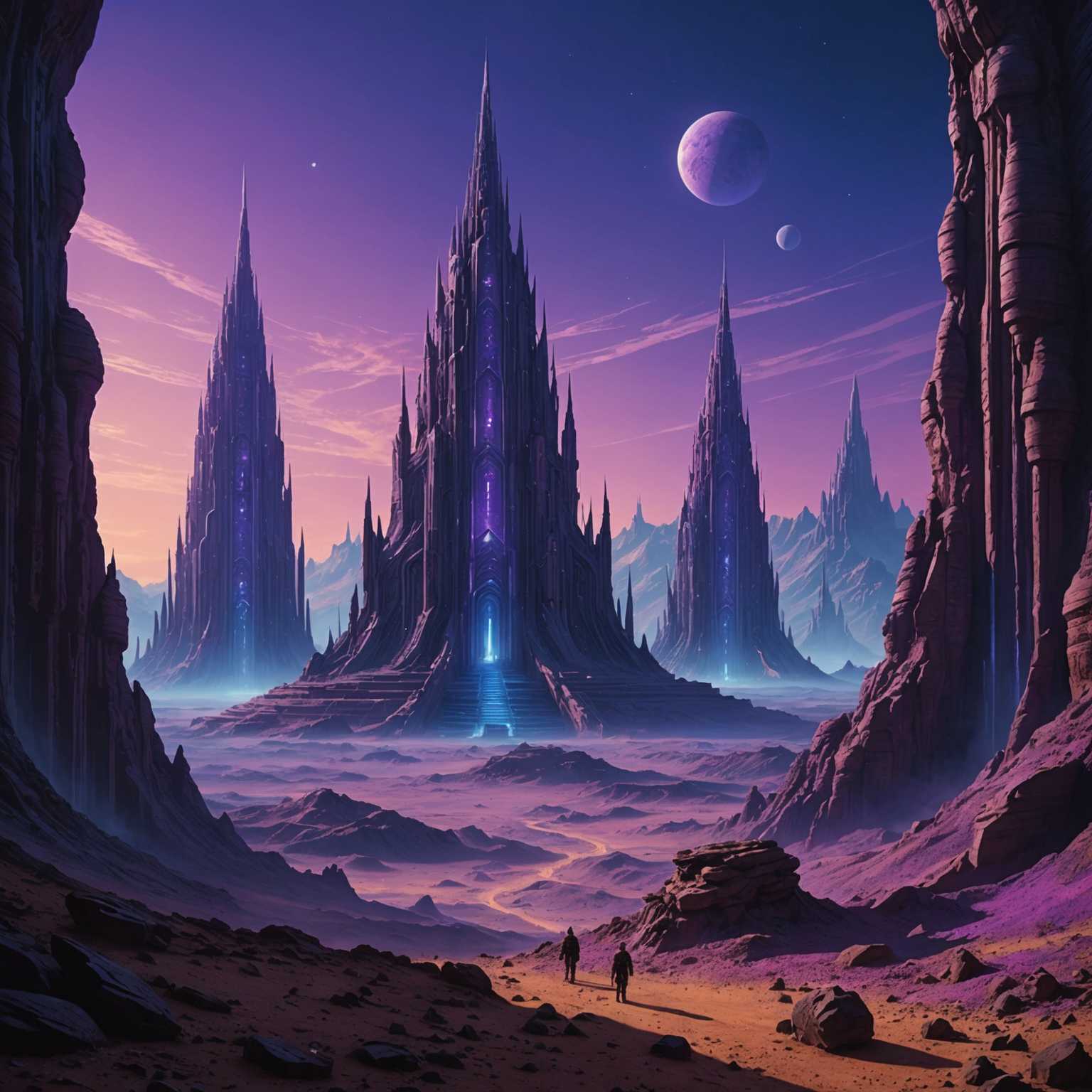 Gewaltige außerirdische Strukturen, die an antike Tempel erinnern, erheben sich auf einem fernen Planeten. Die Strukturen ragen unter einem Dämmerungshimmel in Purpur- und Blautönen auf.